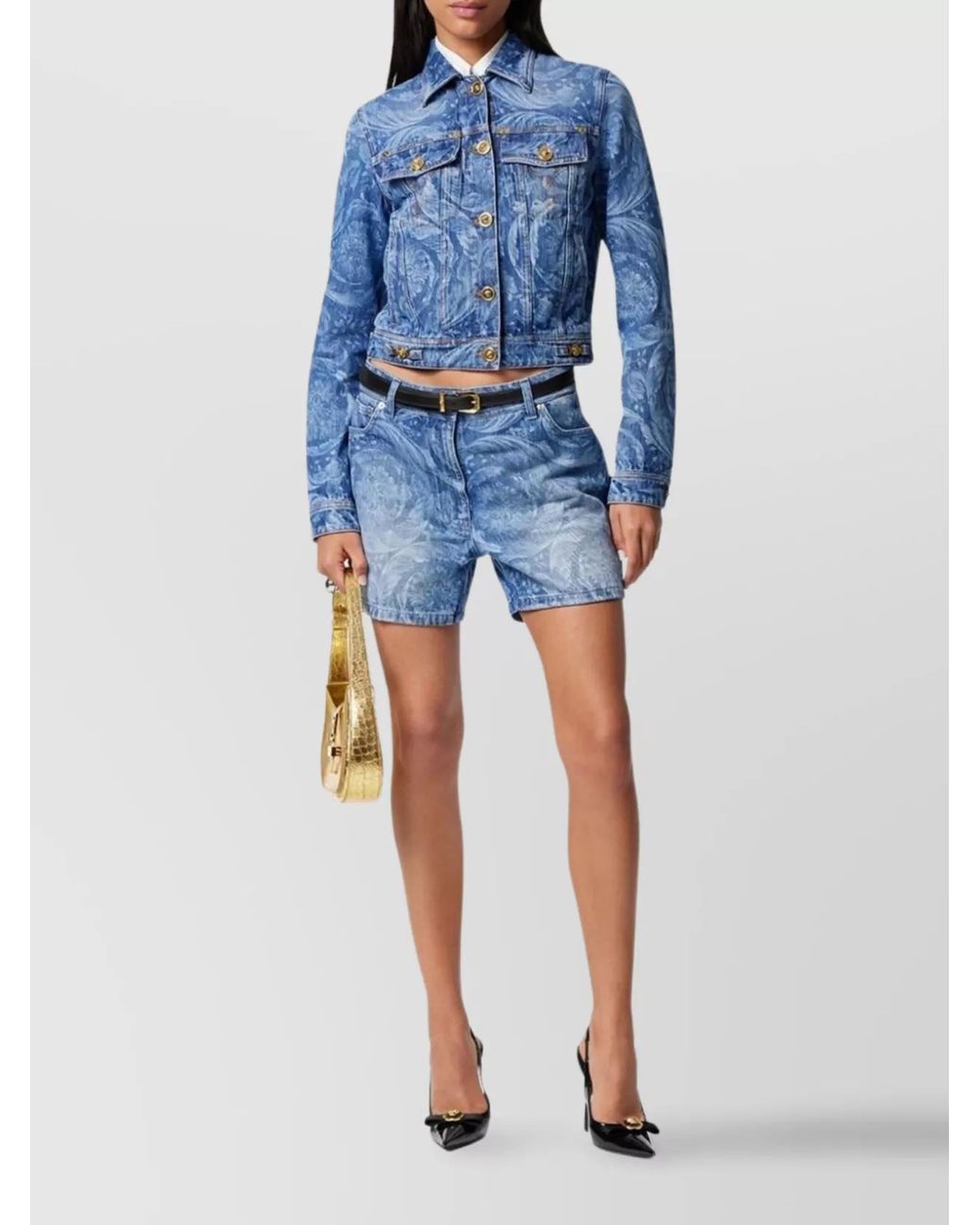 Versace Blue Denim Printed Thigh-Length Shorts