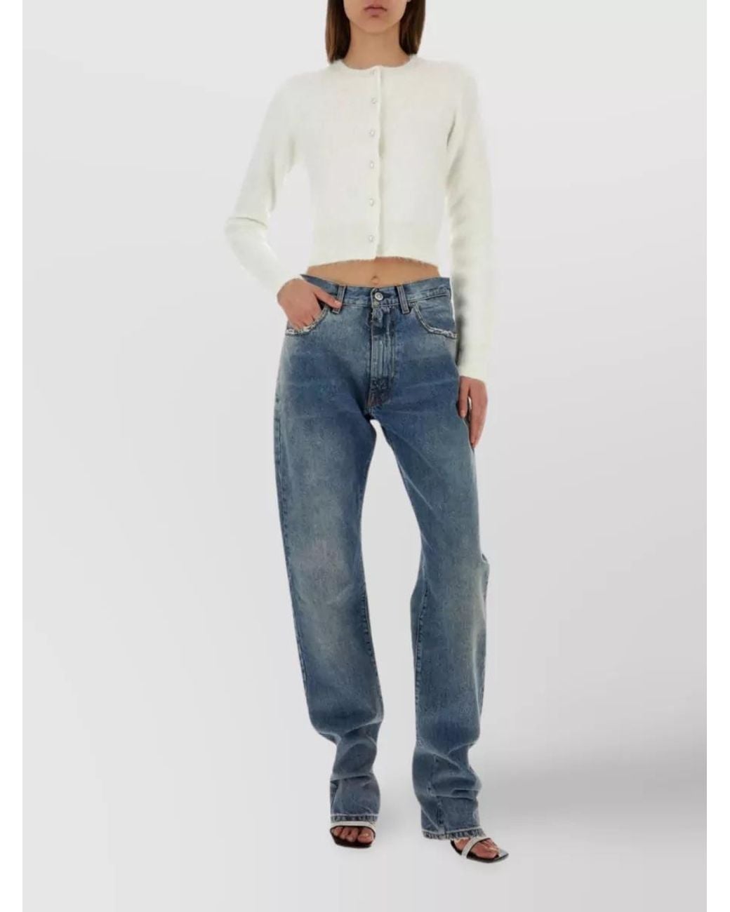 Maison Margiela White Angora Crewneck Cropped Cardigan