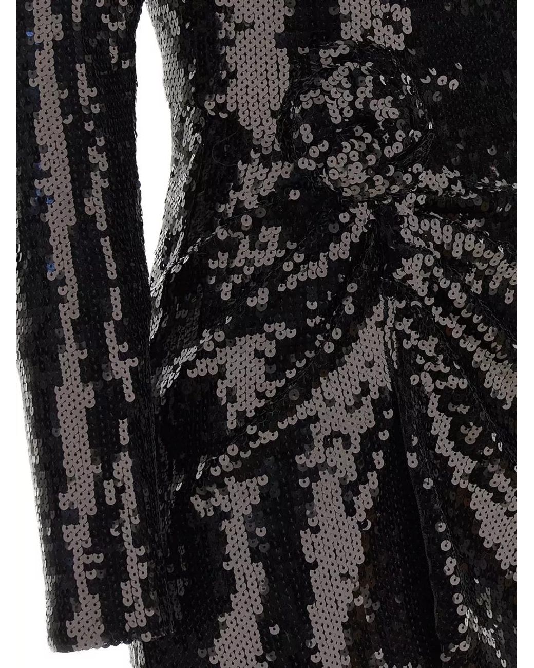 ROTATE BIRGER CHRISTENSEN Black Sequined Draped Floral Appliqué Long-Sleeve Mini Dress