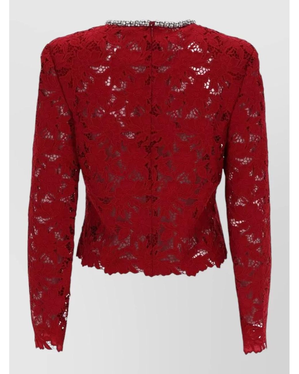 Self-Portrait Red Lace Crystal-Embellished Long-Sleeve Top