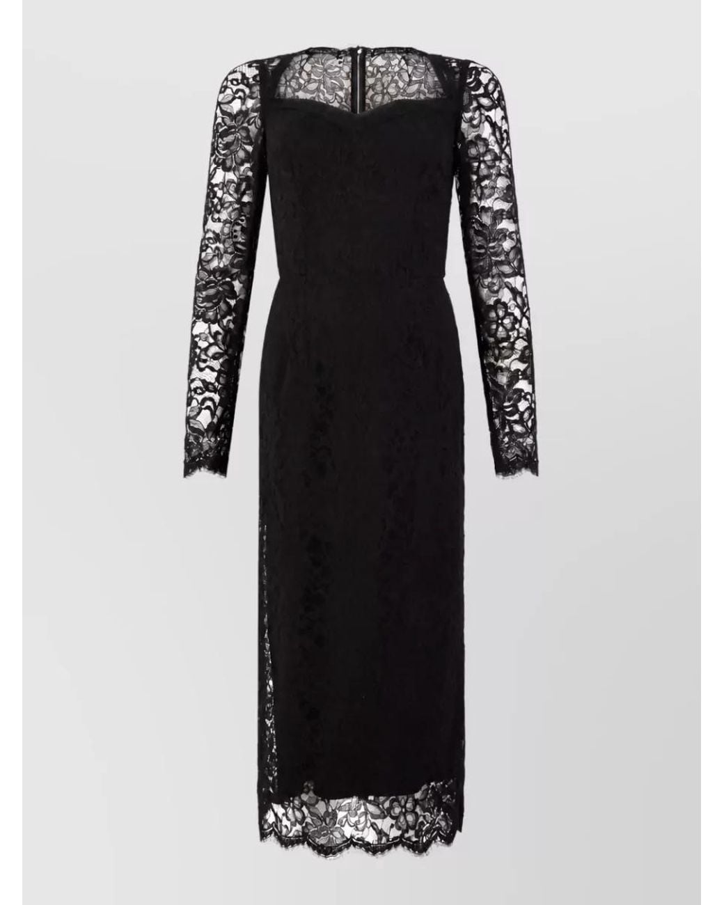 Dolce & Gabbana Black Lace Fitted Square Neck Long-Sleeve Midi Dress