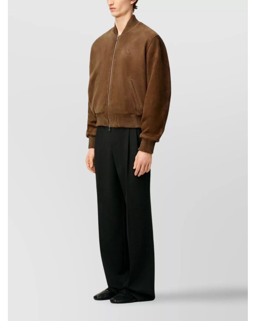 AMI Brown Leather Ribbed Bomber Jacket for men