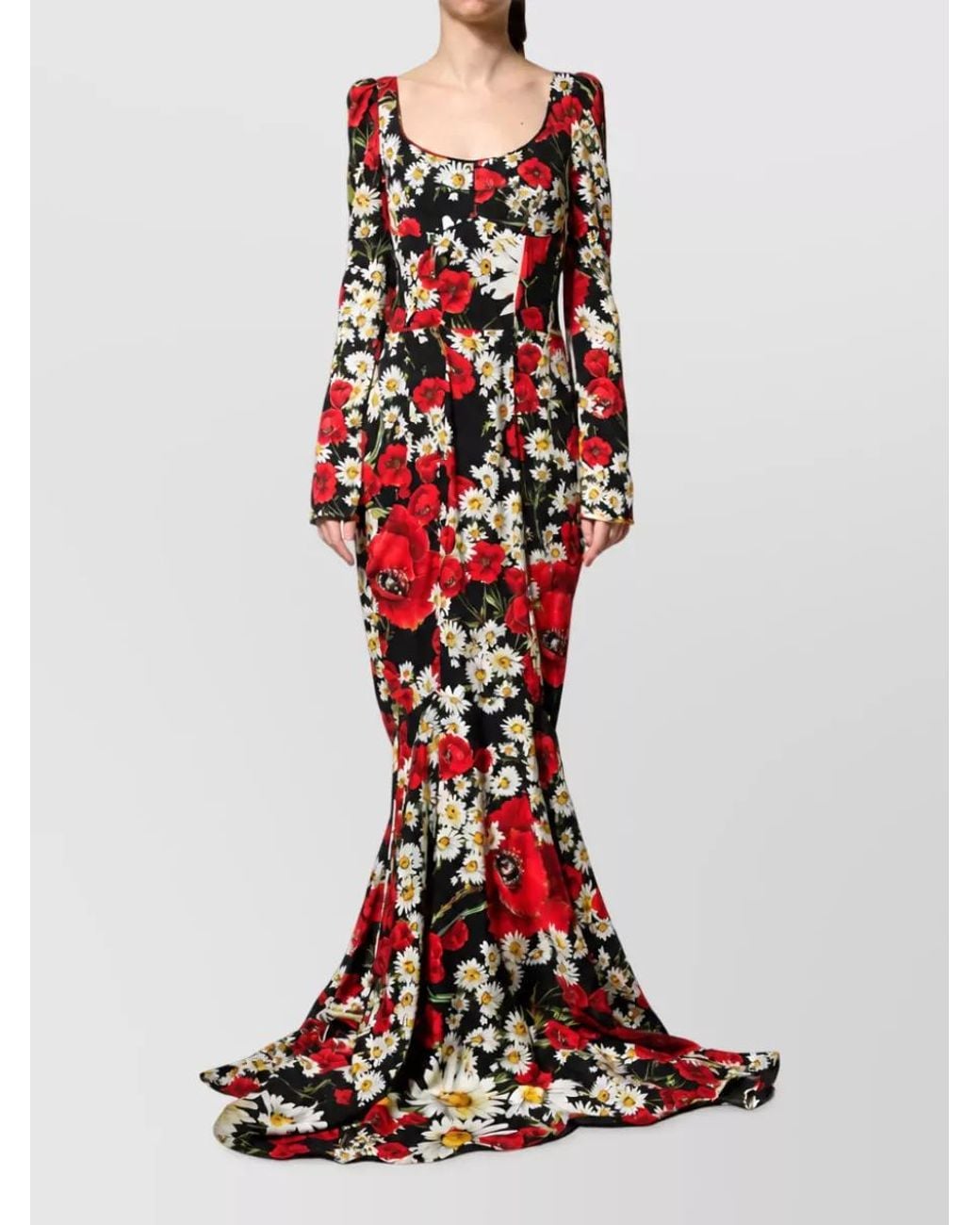 Dolce & Gabbana Red Silk Floral-Print Long-Sleeve Maxi Dress