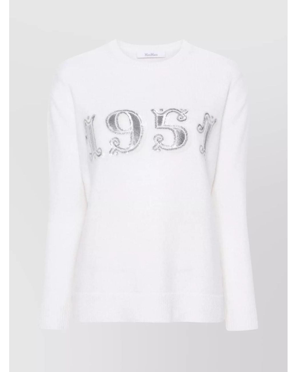 Max Mara White Cashmere Wool Logo-Embroidered Ribbed-Trim Crew-Neck Sweater