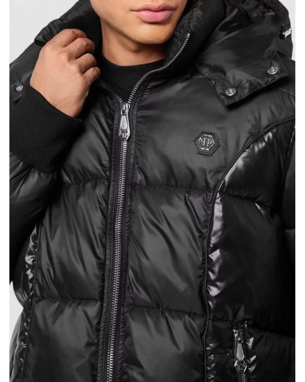 Philipp Plein Black Mix Nylon Short Puffer Jacket for men