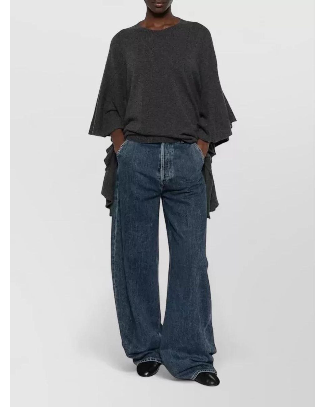 Uma Wang Black Cashmere Crew-Neck Short Ruffle-Sleeve Relaxed-Fit Knitted Top