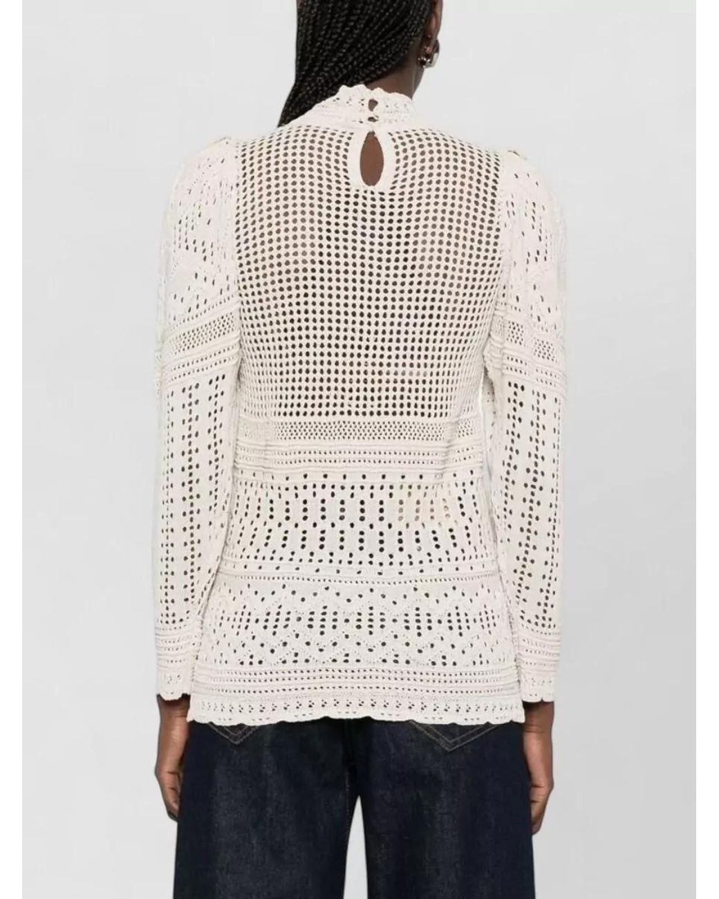 Isabel Marant Natural Crochet Geometric High-Neck Long-Sleeve Blouse