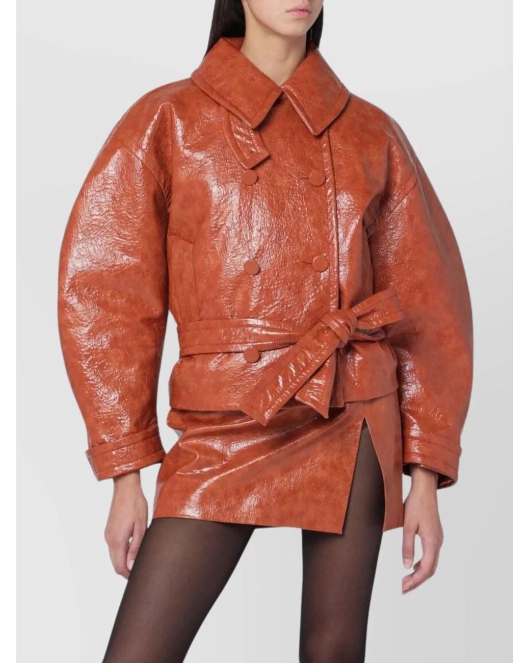 ANDAMANE Orange Leather-Effect Belted Double-Breasted Coat