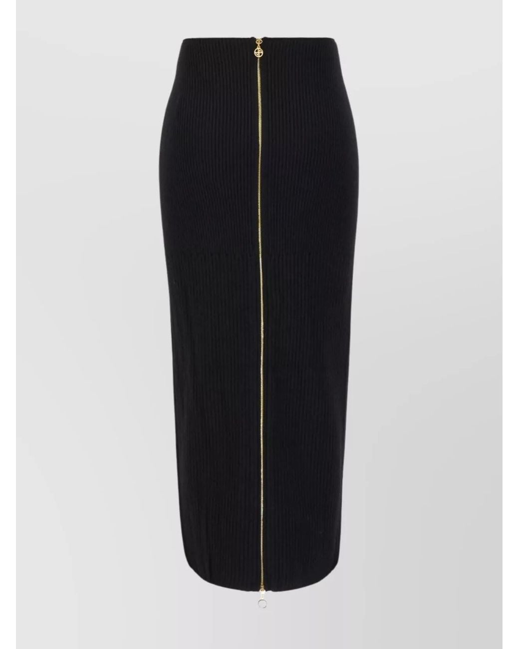 Patou Black Ribbed Merino Wool Midi Pencil Skirt