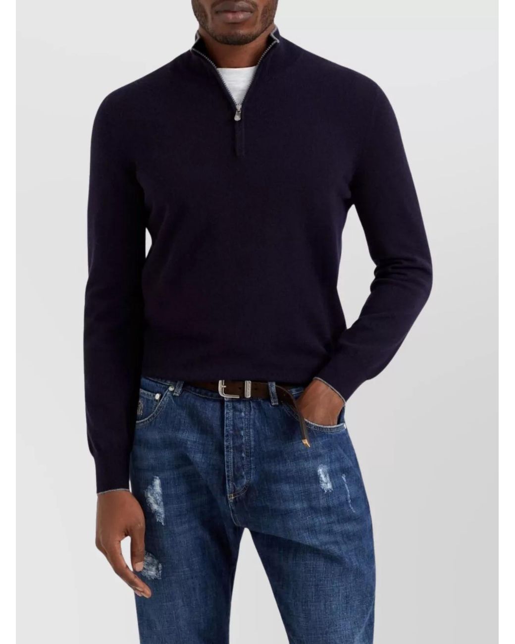 Brunello Cucinelli Blue Ribbed Collar High Neck Sweater for men