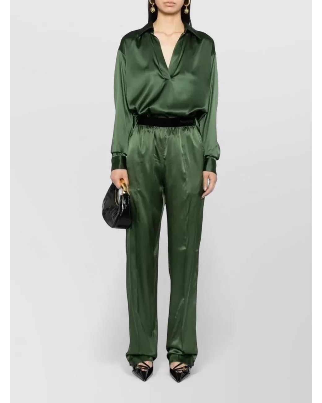 Tom Ford Green Silk Satin Relaxed-Fit Straight-Leg Pants