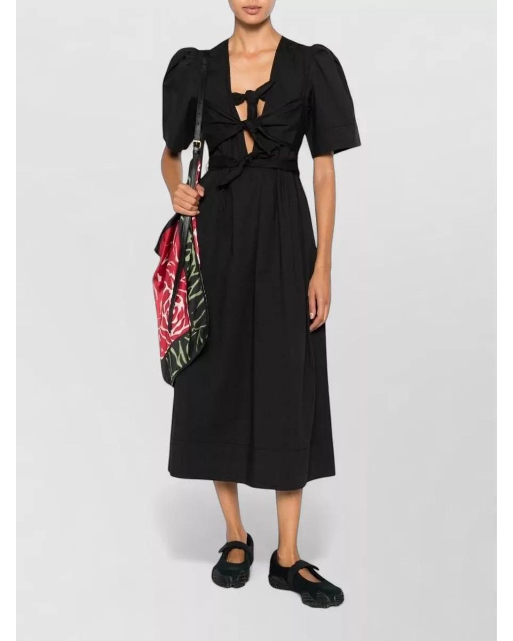 Ganni Black Organic Cotton Puff-Sleeve Midi Dress