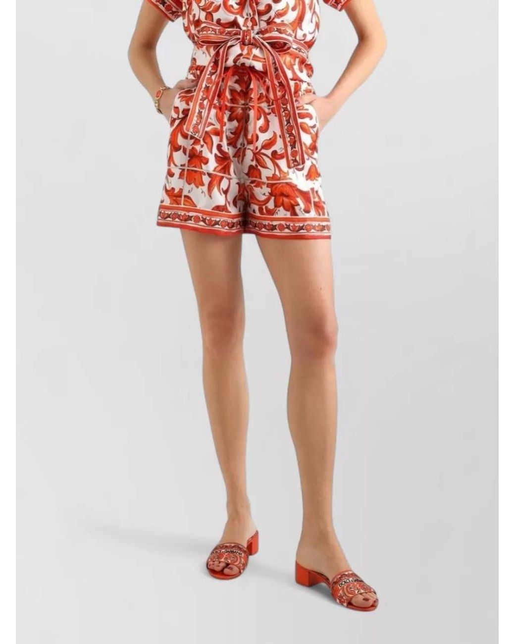 Dolce & Gabbana Red Silk Majolica Print Bermuda Shorts
