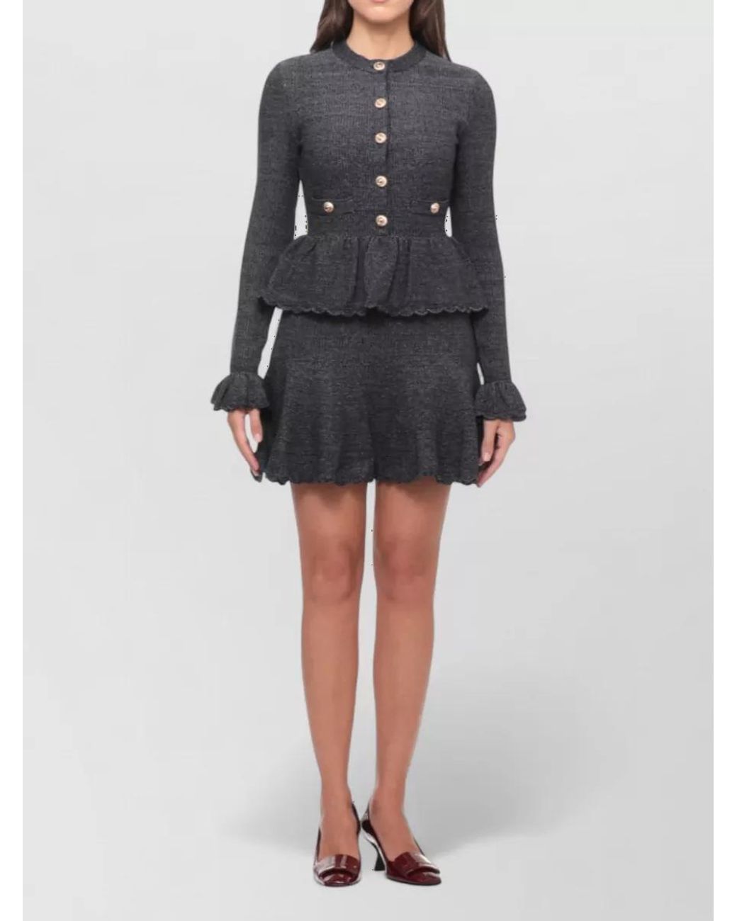Self-Portrait Black Textured Long-Sleeve Flared Knitted Midi Dress