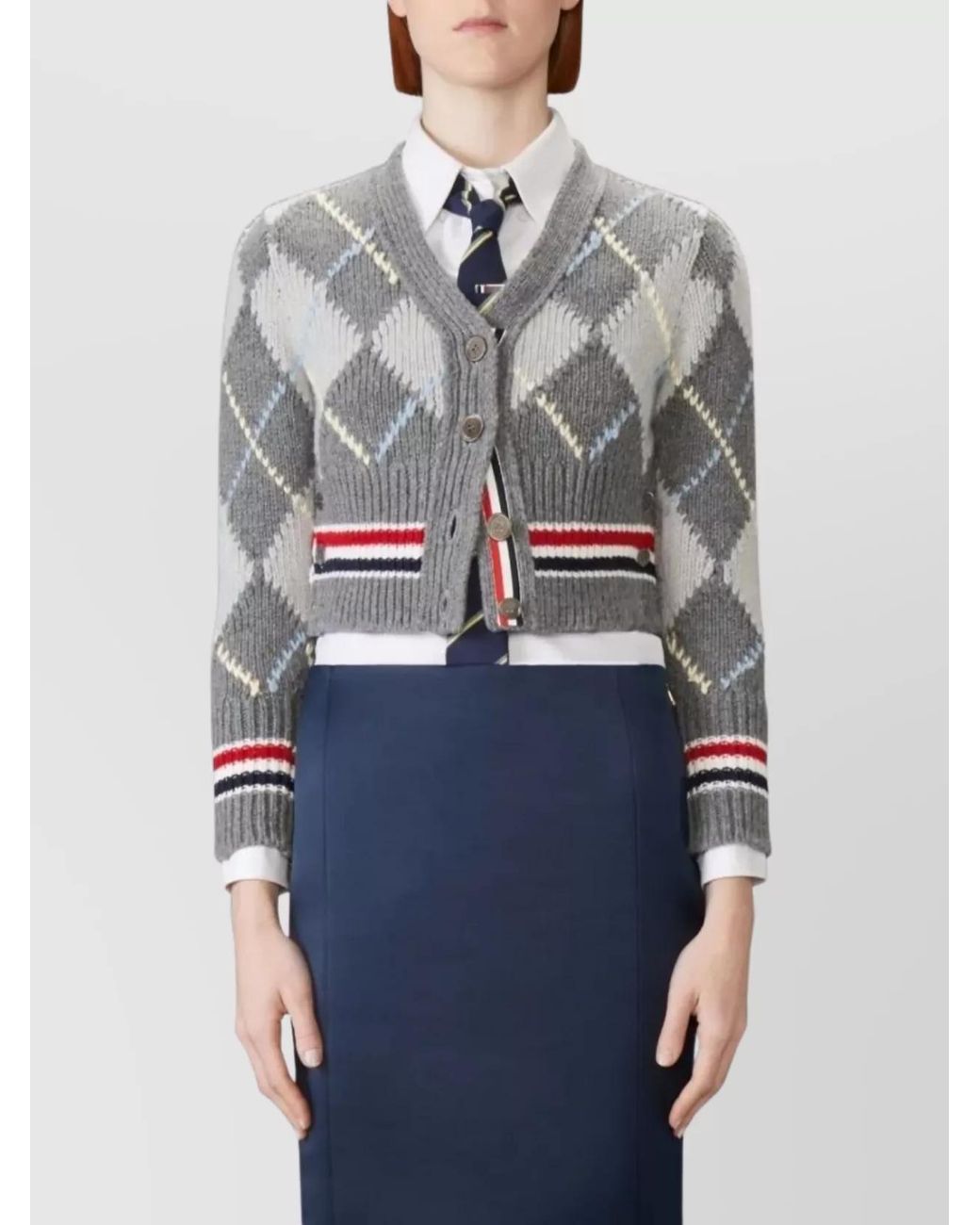 Thom Browne Gray Wool Argyle Chunky-Knit Cropped V-Neck Cardigan