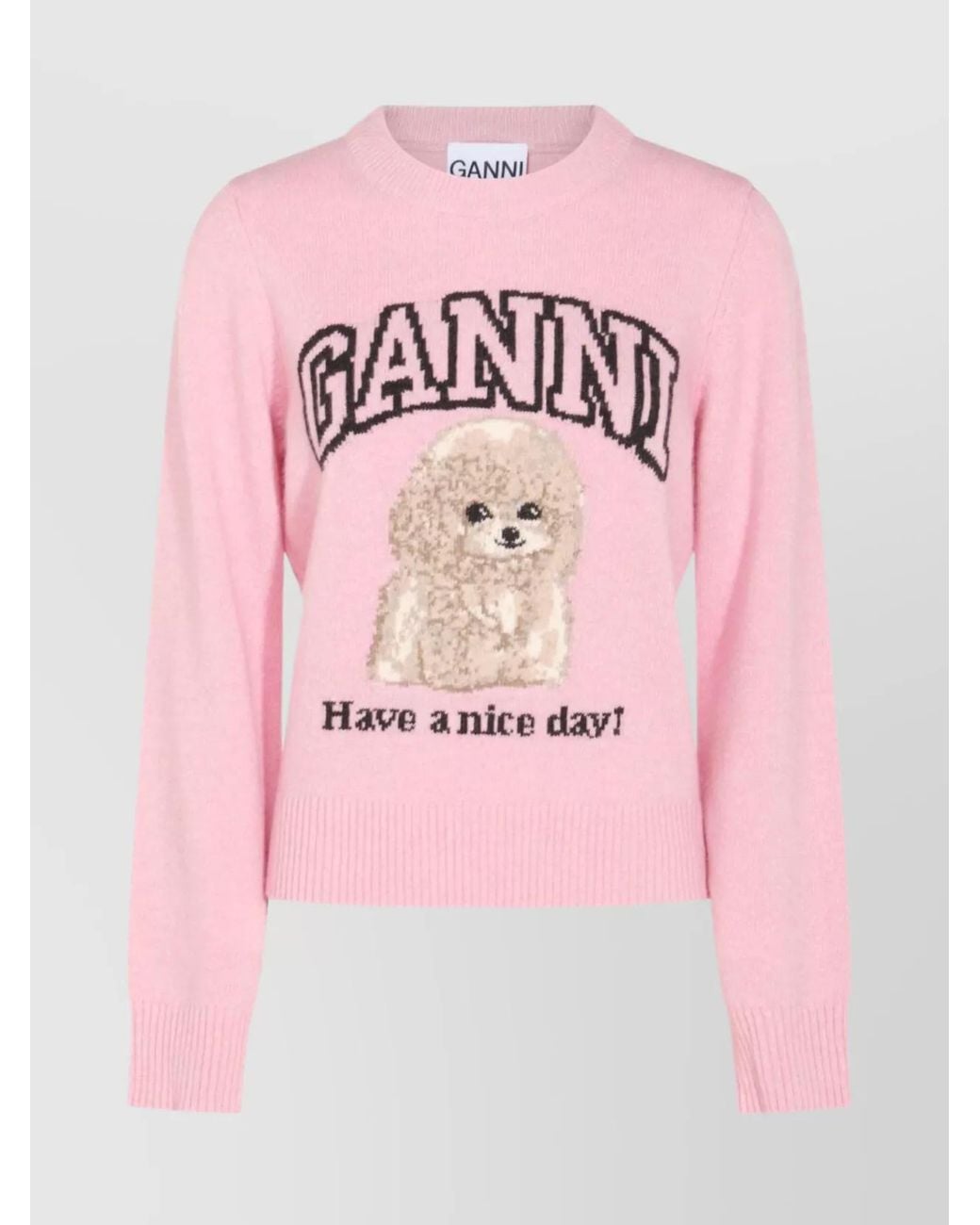 Ganni Pink Ribbed Poodle-Intarsia Crewneck Jumper
