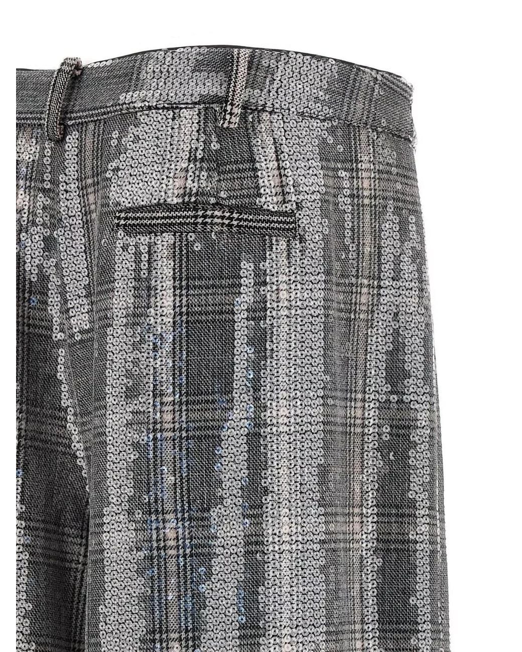 retroféte Gray Sequin-Embellished Checked Wide-Leg Trousers