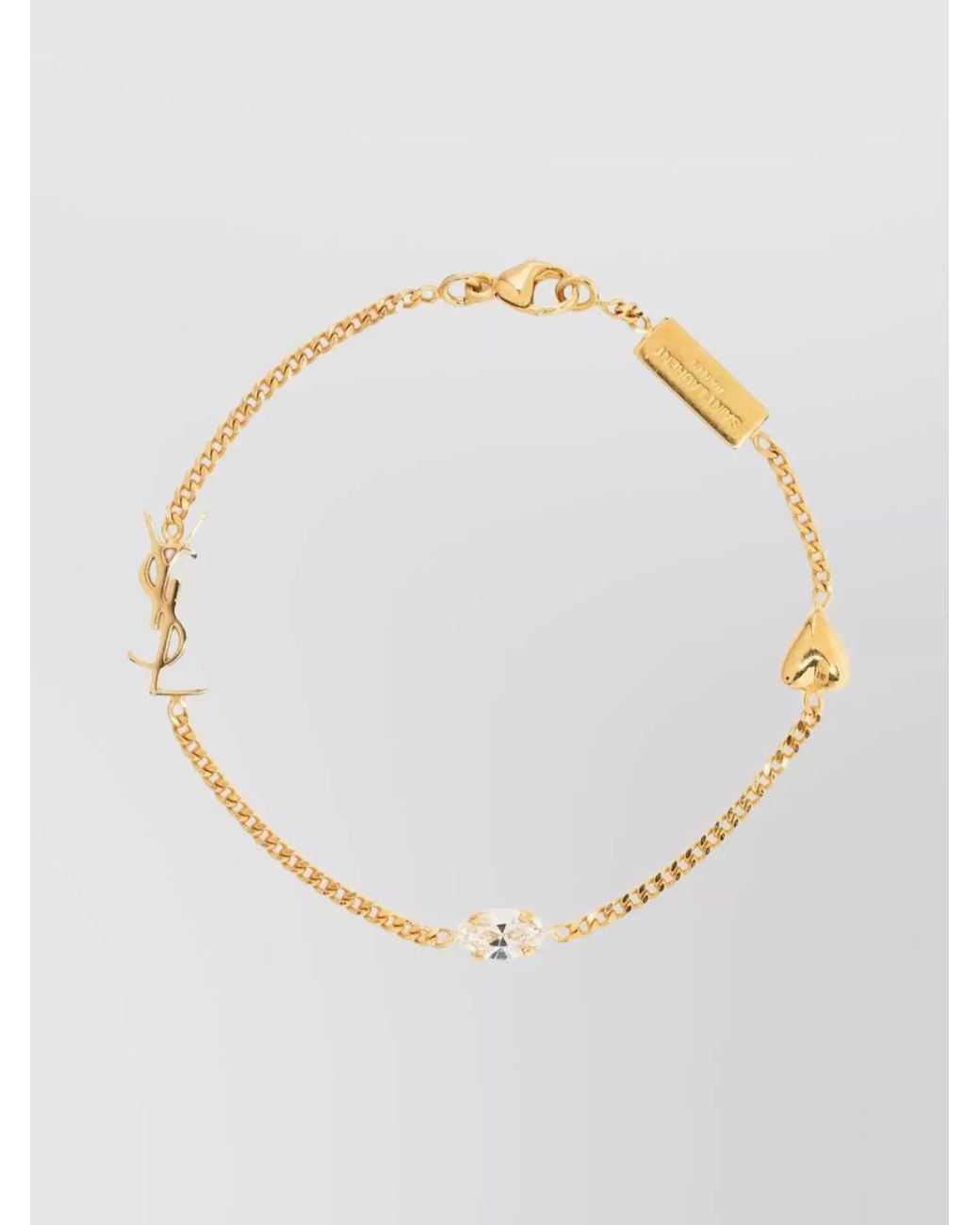 Saint Laurent White Crystal-Embellished Heart Charm Bracelet