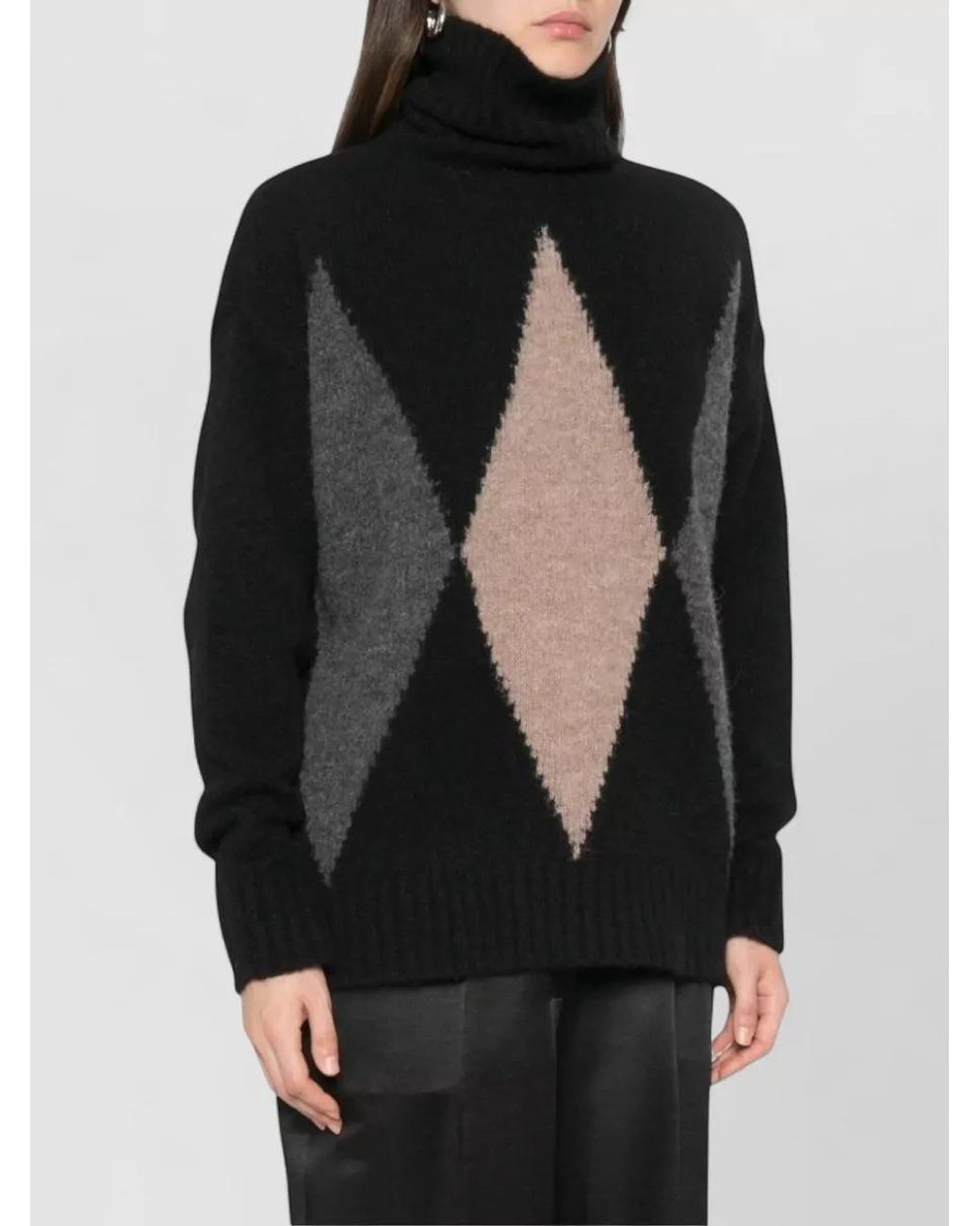 Jucca Black Alpaca Wool Argyle Intarsia Turtleneck Sweater