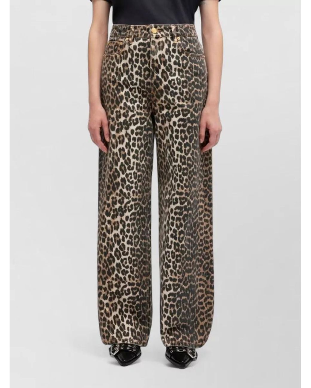 Ganni White Leopard-Print Denim Wide-Leg Trousers
