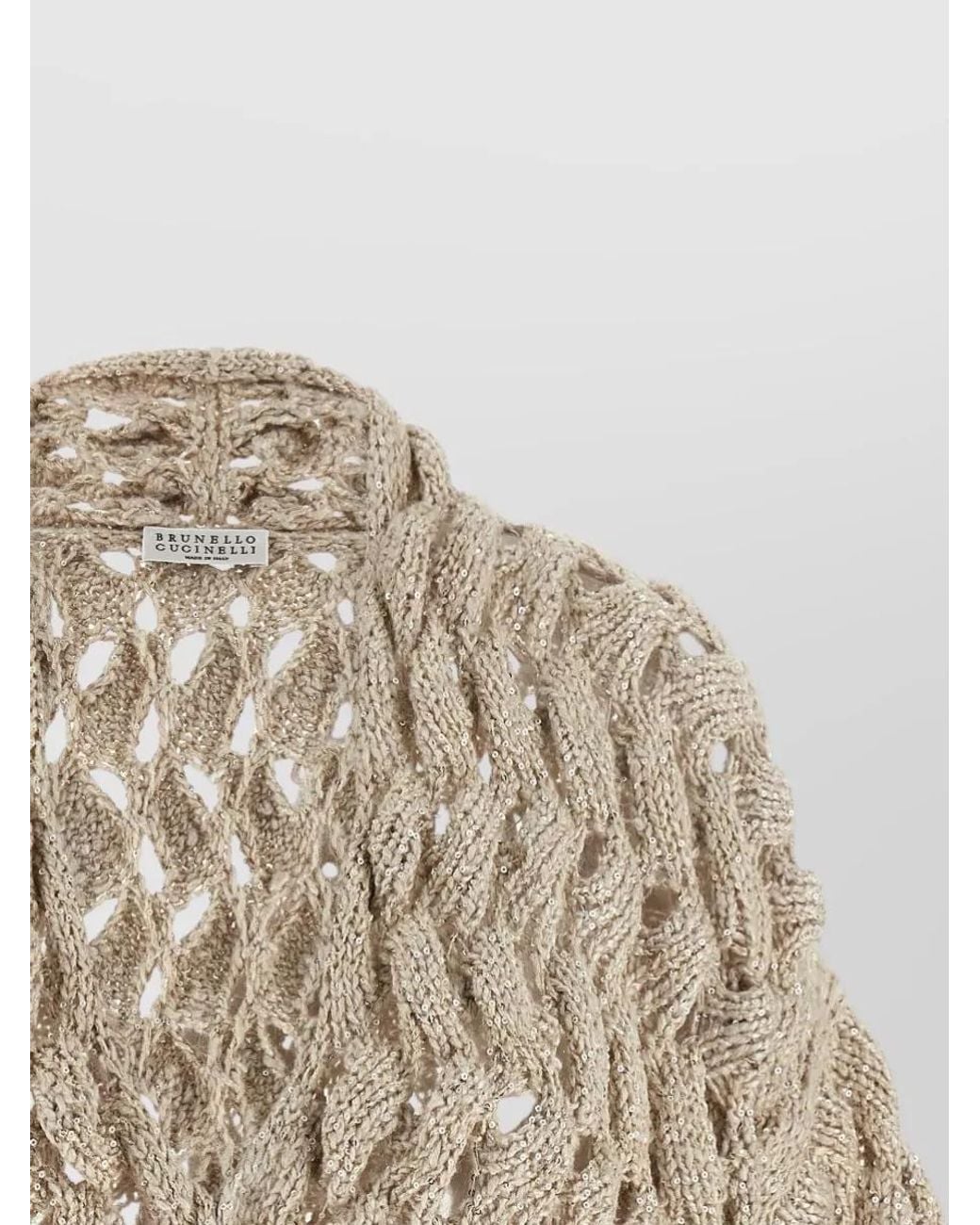 Brunello Cucinelli Natural Silk Linen Openwork Sequin Cropped V-Neck Cardigan