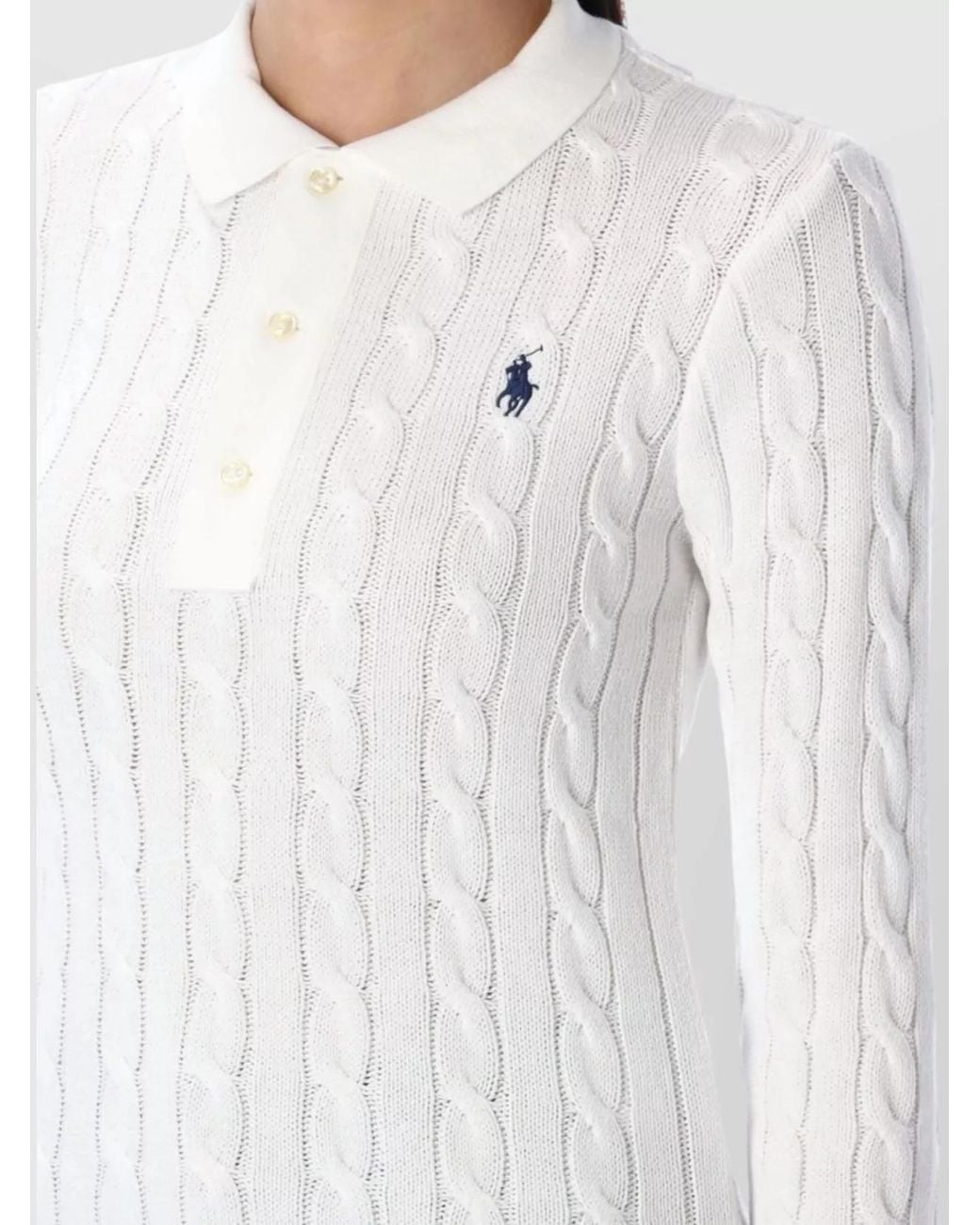Polo Ralph Lauren White Cable-Knit Cotton Long-Sleeve Polo Jumper
