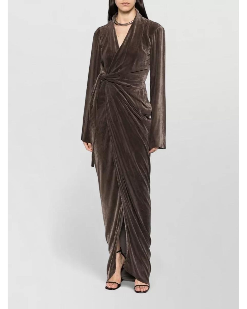 Rick Owens Brown Silk Velvet Draped Wrap V-Neck Long-Sleeve Maxi Dress
