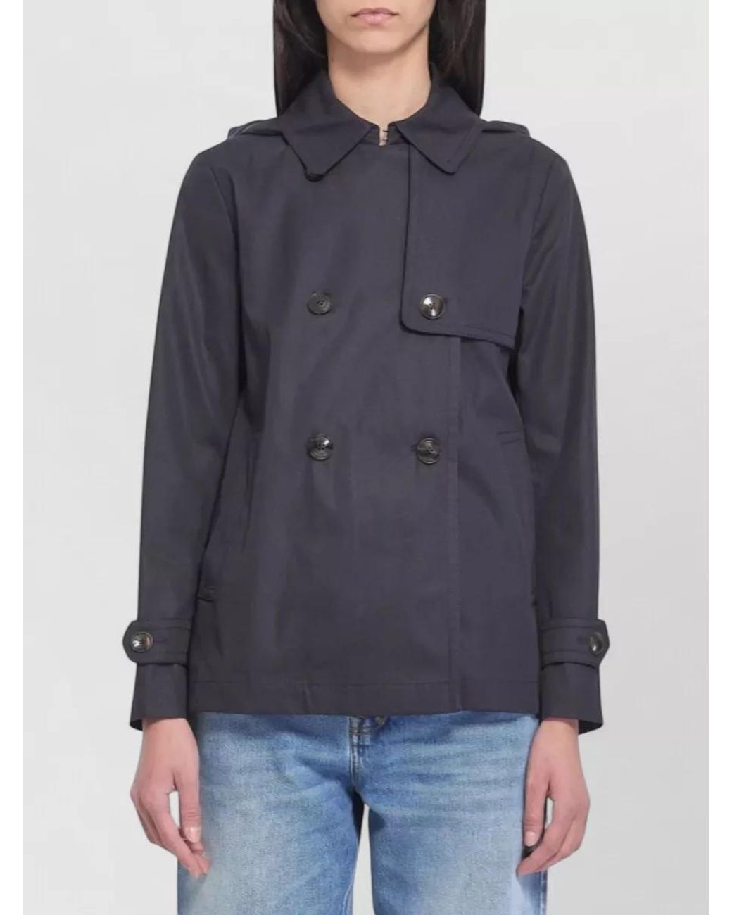 Herno Blue Cotton Double-Breasted Short Trench Coat