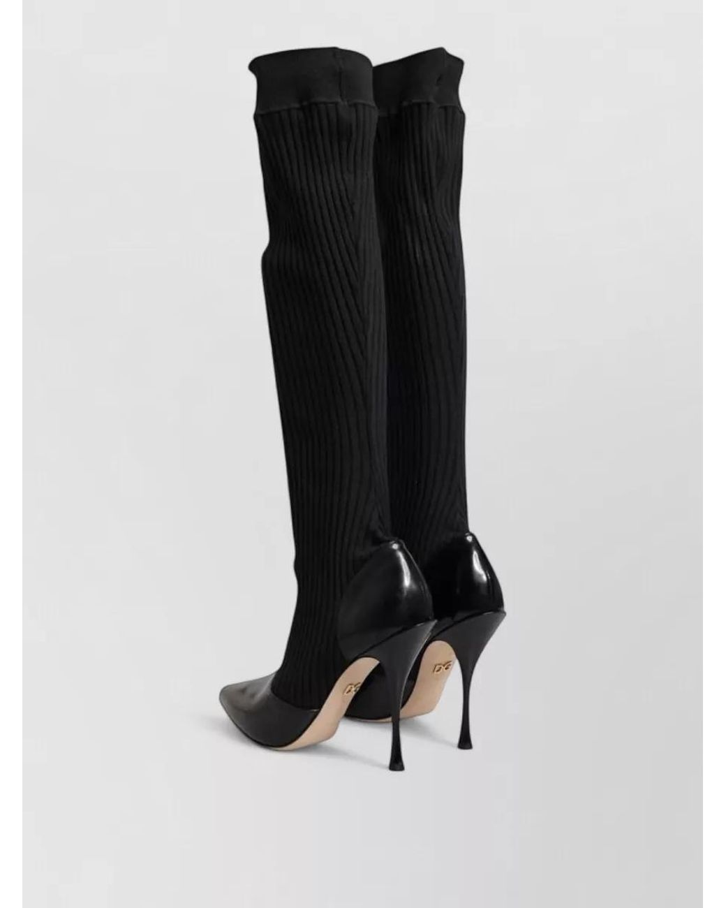 Dolce & Gabbana Black Leather Ribbed Knit Knee Boots