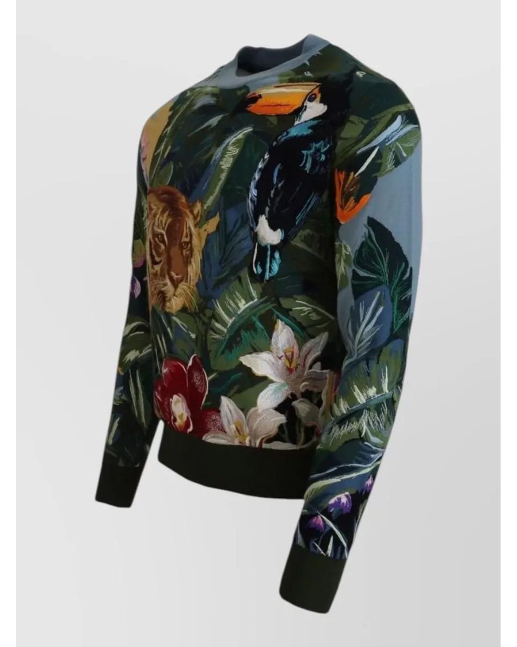 Dolce & Gabbana Blue Wool Silk Crewneck Printed Sweater for men