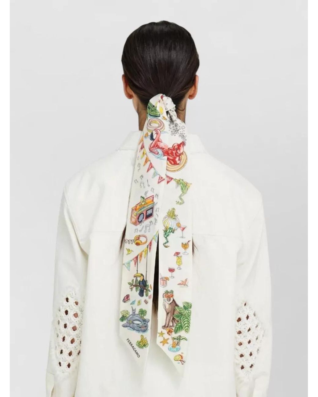 Ferragamo White Silk Jungle Party Print Mini Bandeau Scarf