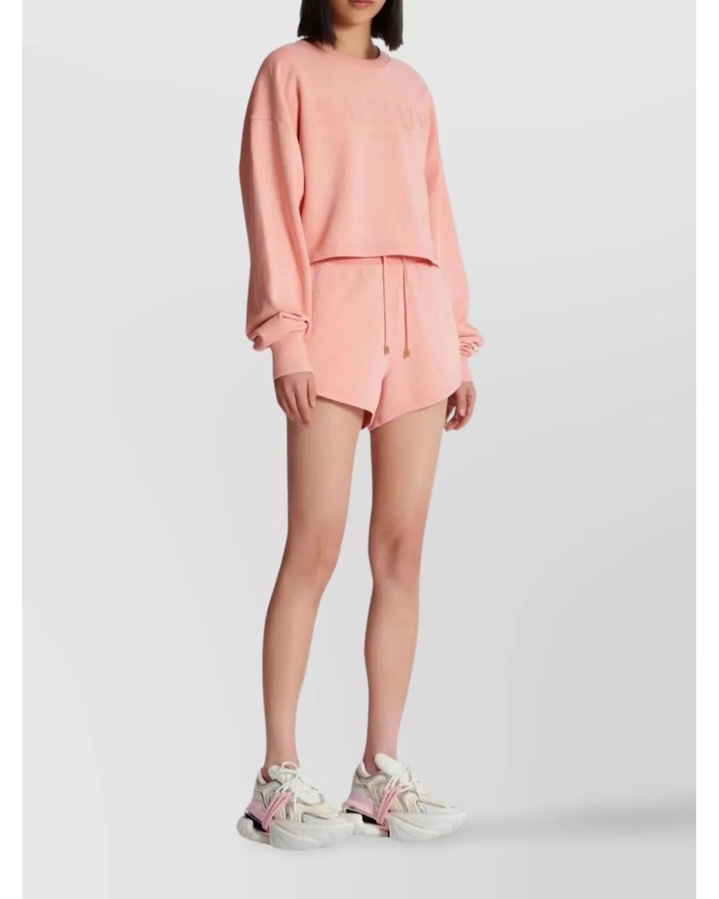 Balmain Pink Cropped Ribbed Cotton Sweatshirt
