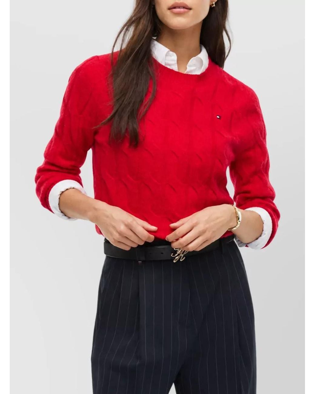 Tommy Hilfiger Red Wool Cable-Knit Crew-Neck Sweater