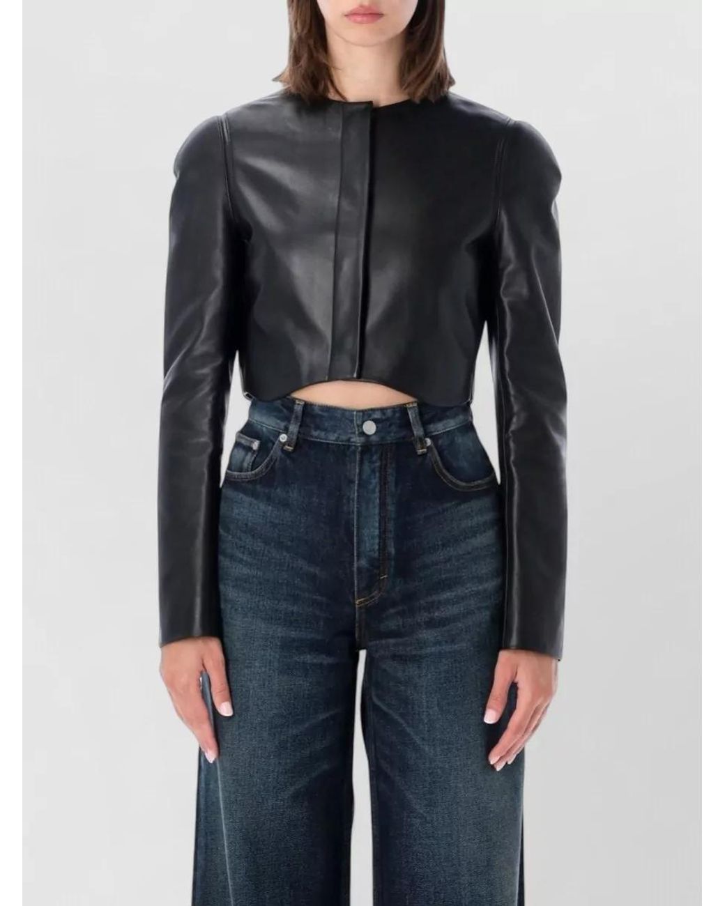 Alaïa Blue Lambskin Fitted Round Neck Leather Coat