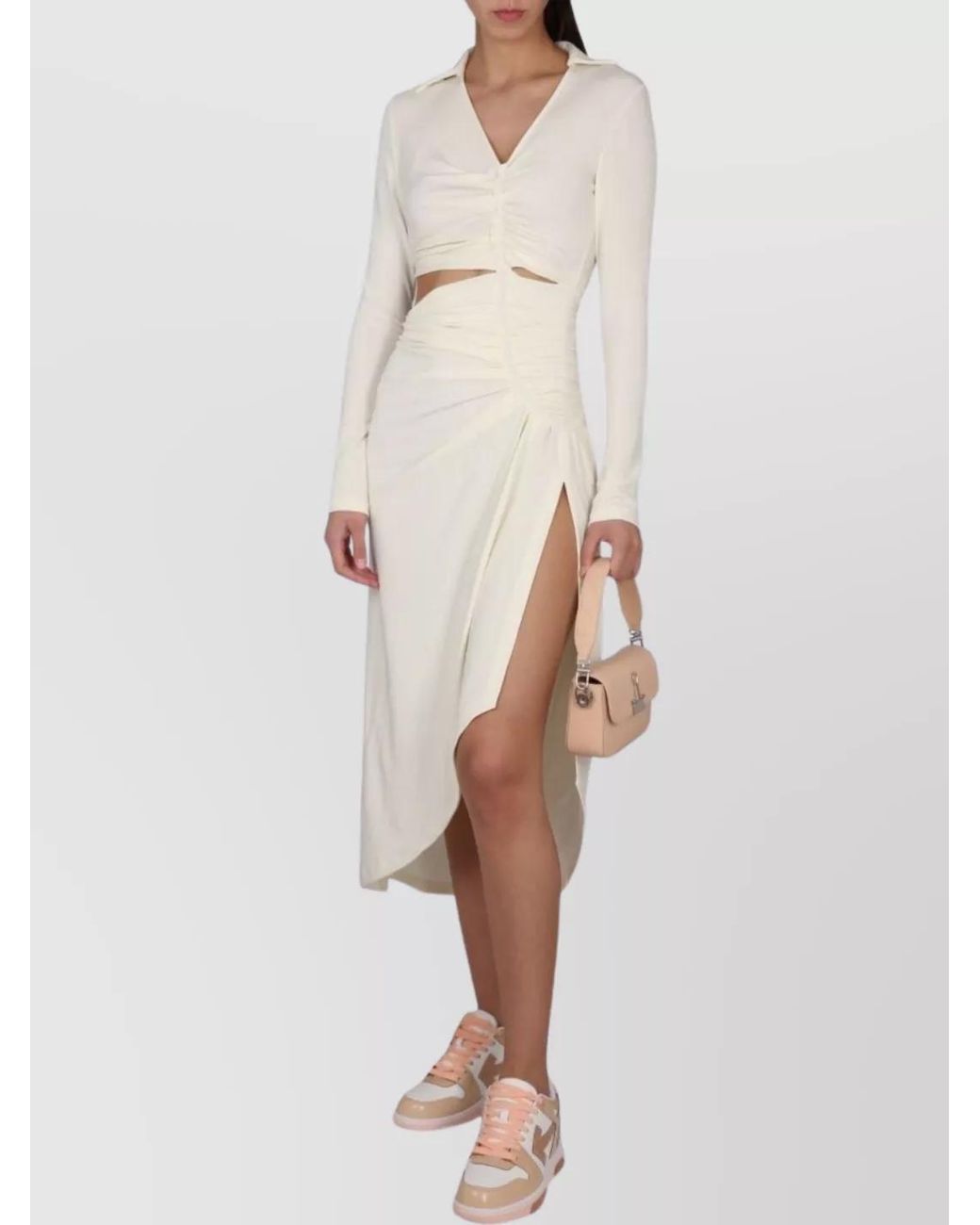 Off-White c/o Virgil Abloh Natural Draped Asymmetric Cutout V-Neck Midi Dress