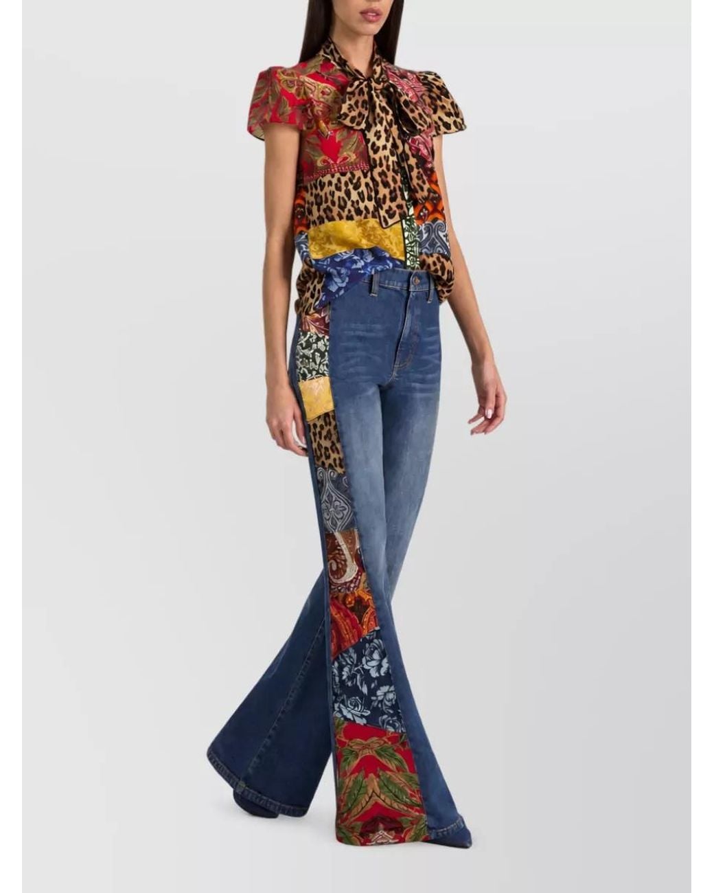 Alice + Olivia Multicolor Silk Printed Pussy-Bow Short-Sleeve Shirt