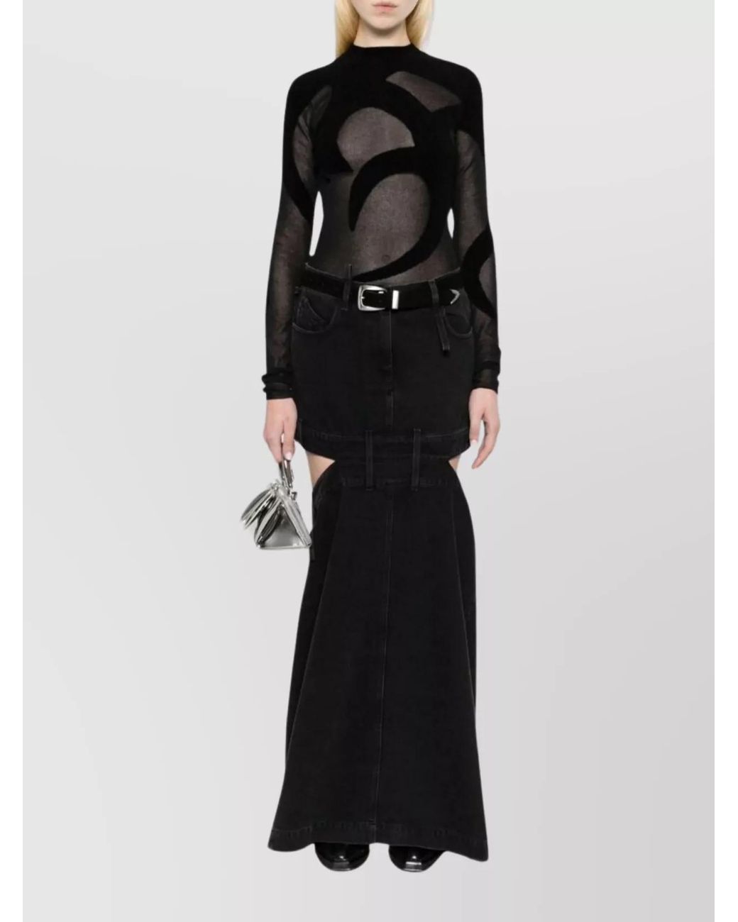 The Attico Black Denim High-Rise Maxi Cutout Skirt