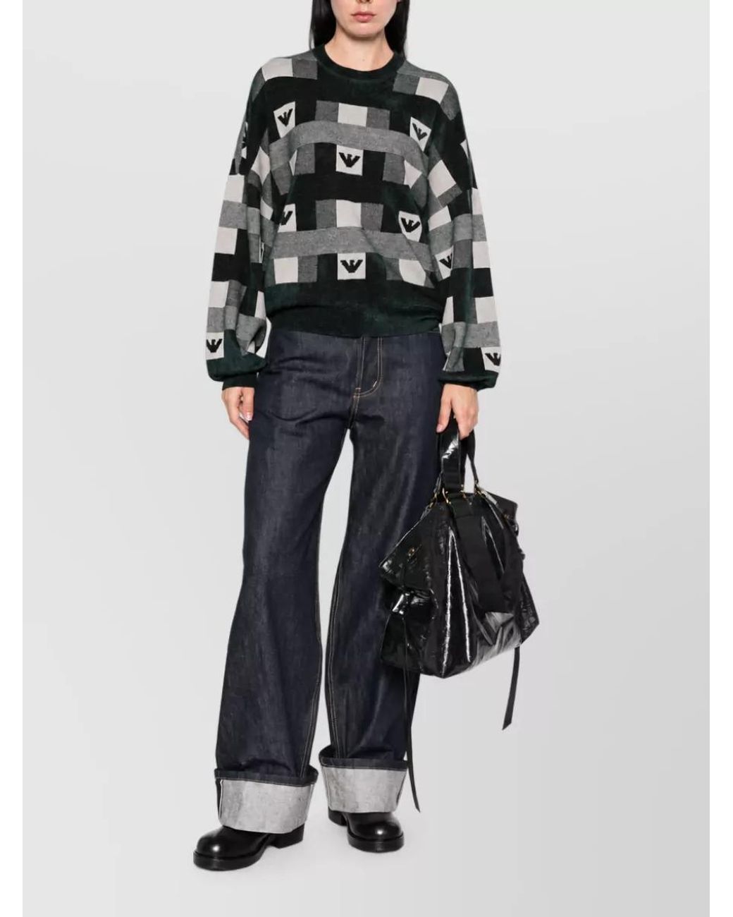 Emporio Armani Black Checked Logo-Intarsia Crew-Neck Sweater