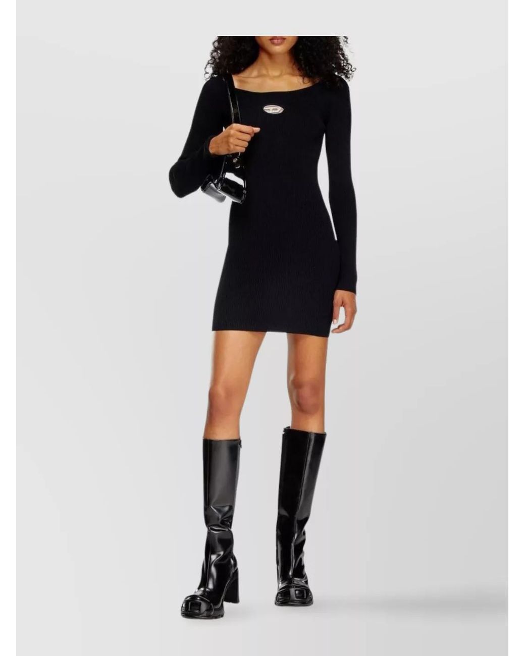 DIESEL Black Off-Shoulder Long Sleeve Ribbed Dresses