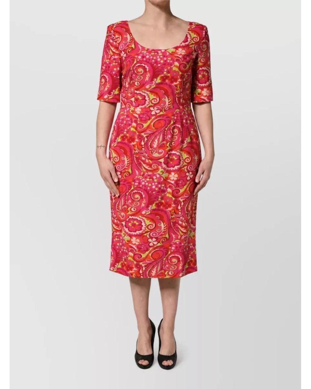 Dolce & Gabbana Red Silk Floral Print Midi Dress