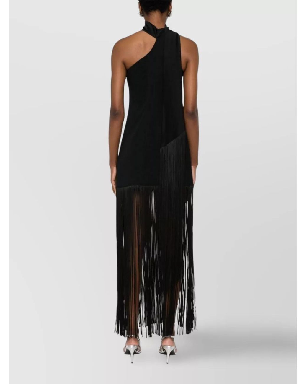 Taller Marmo Black Asymmetric Sleeveless Fringe Maxi Dress