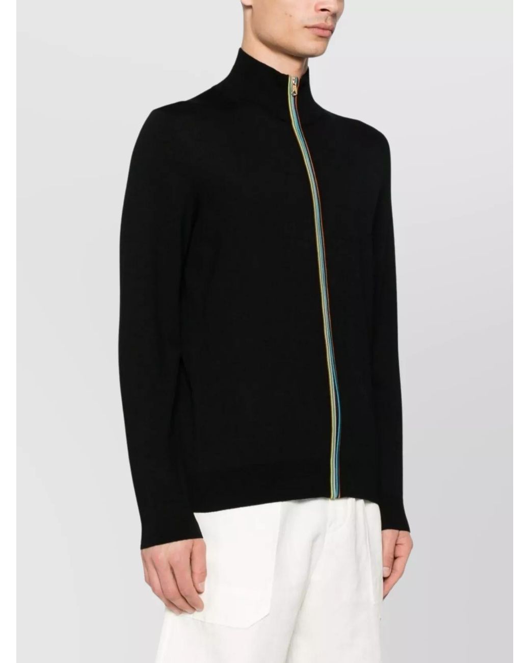 Paul Smith Black Merino Wool Ribbed Zip Cardigan for men