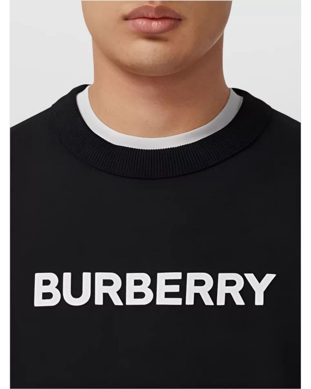 Burberry Black Cotton Logo Print Ribbed Crewneck Sweatshirt for men