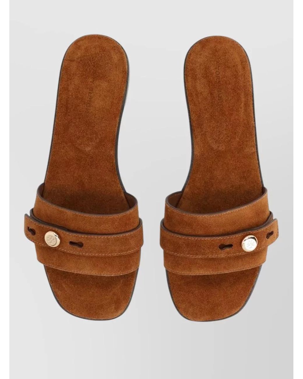 Tory Burch Brown Suede Logo-Plaque Slides