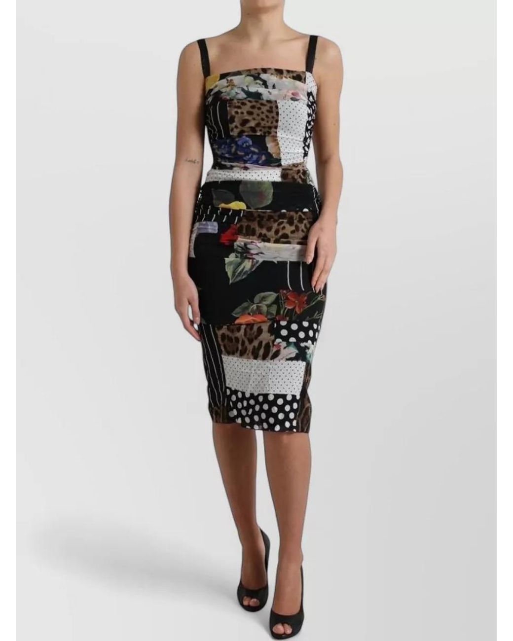 Dolce & Gabbana Black Silk Patchwork Floral Leopard Midi Dress