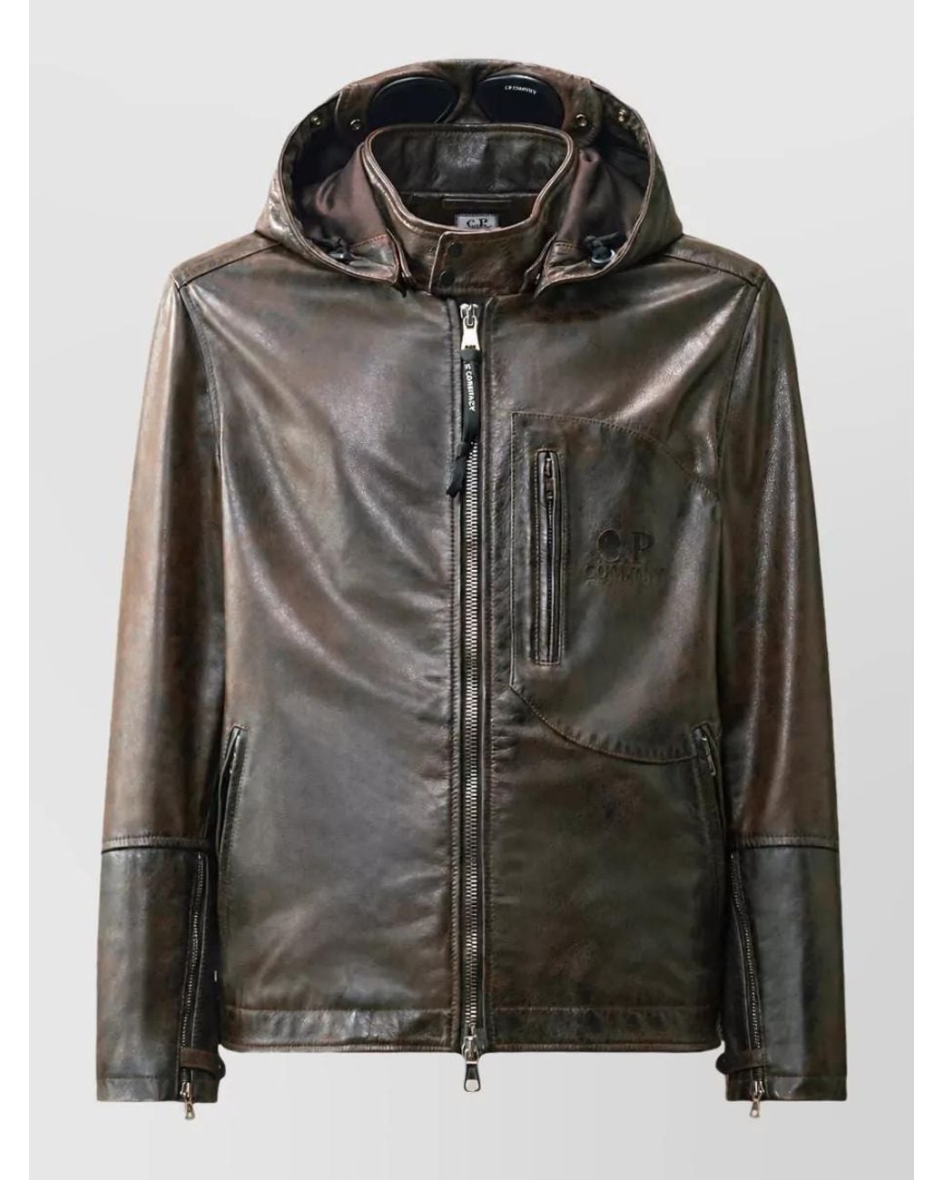 C P Company Black Leather Hooded Jacket for men