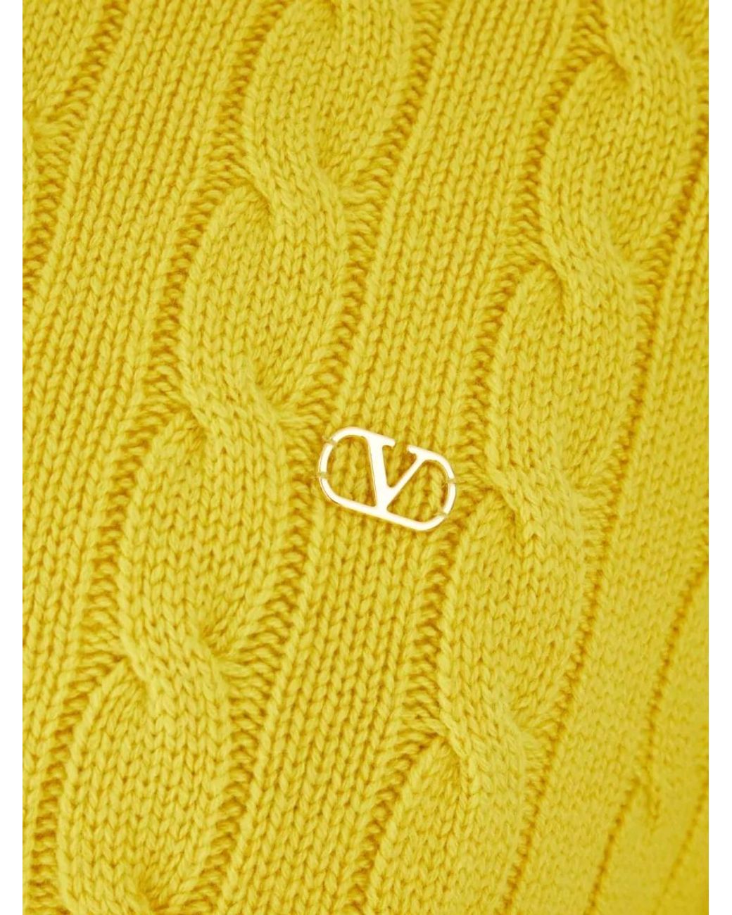 Valentino Garavani Yellow Cable Knit Crew Neck Sweater Long Sleeves for men
