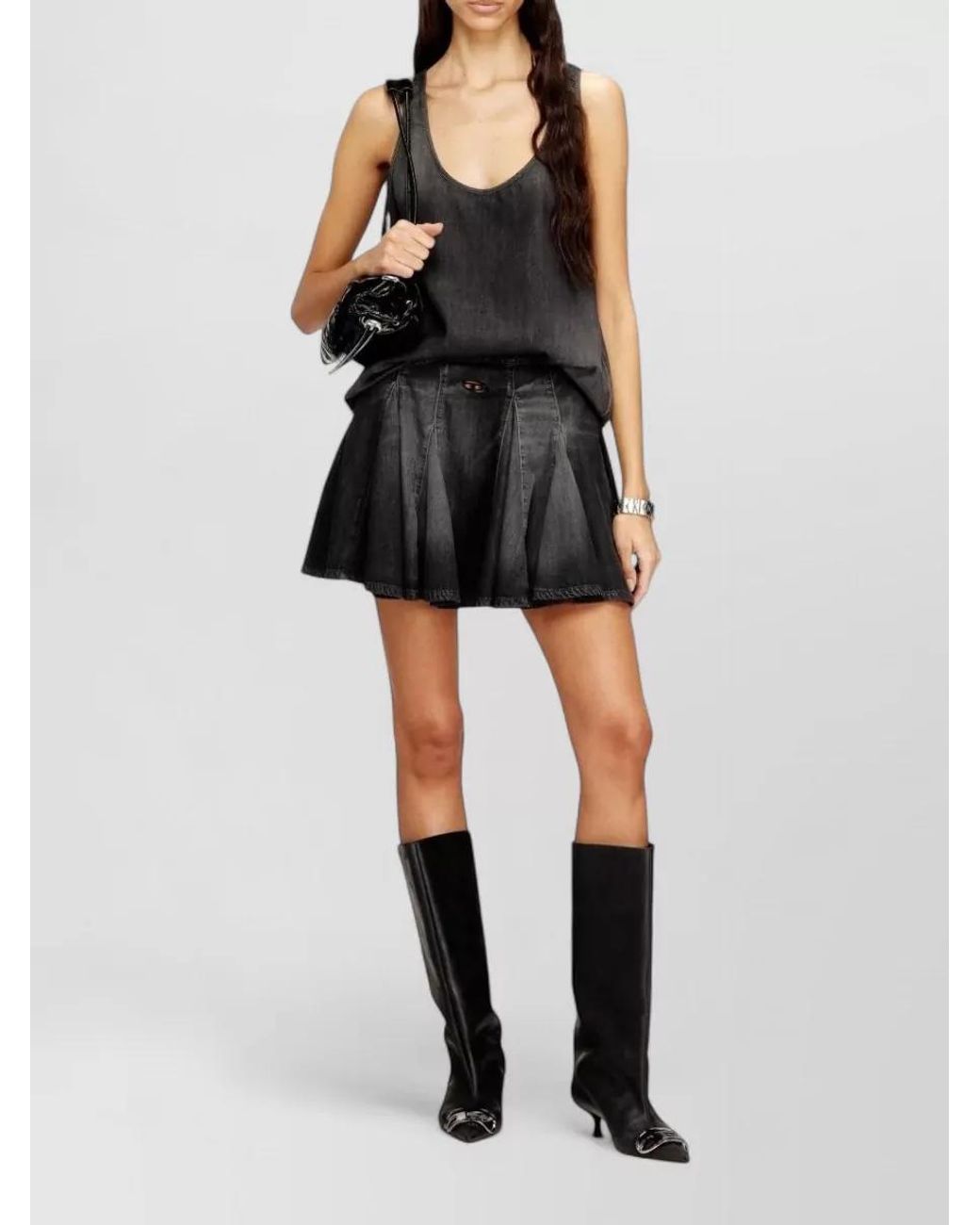 DIESEL Gray Pleated Denim Mini Skirt