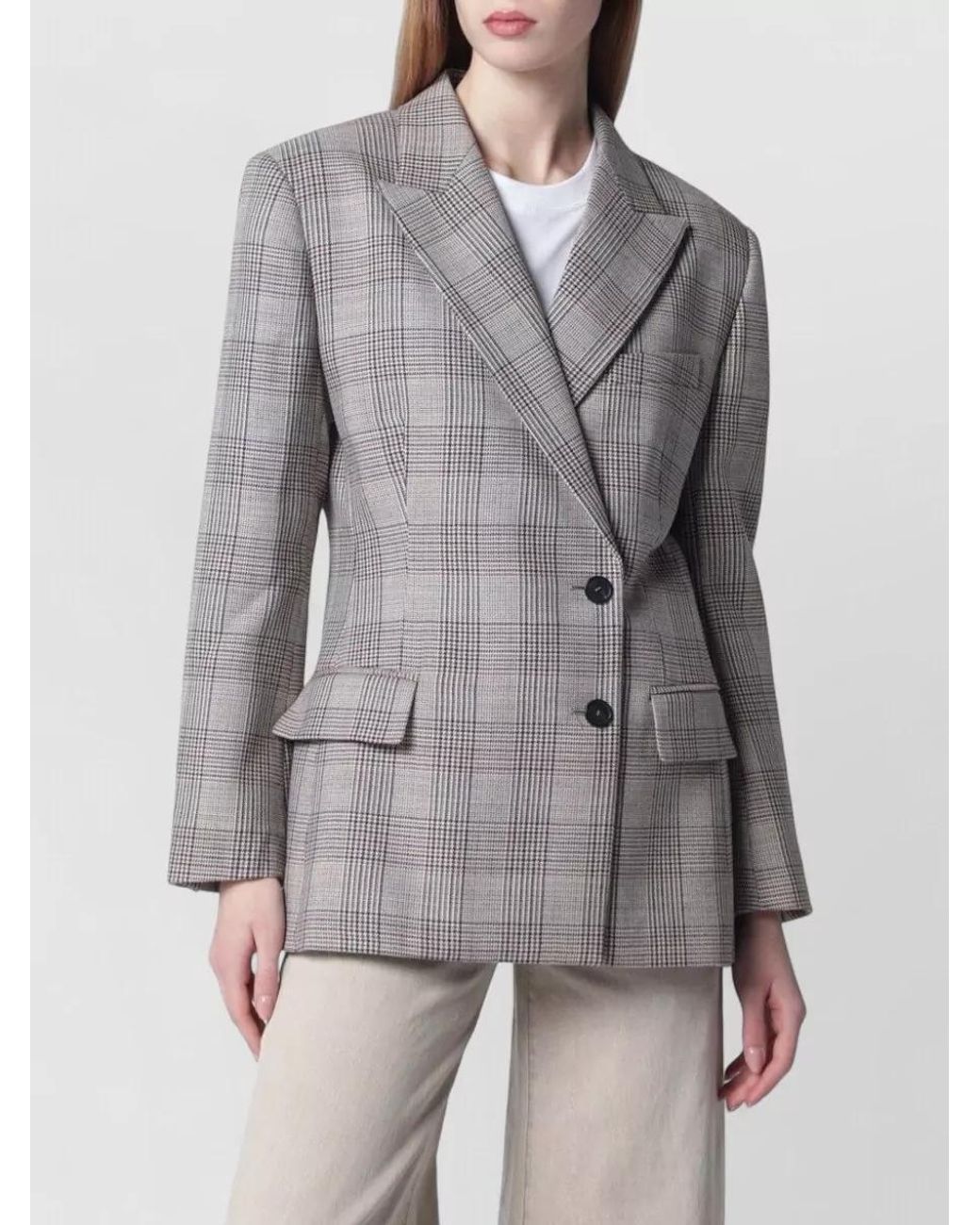 Anine Bing Gray Virgin Wool Asymmetric Checked Blazer