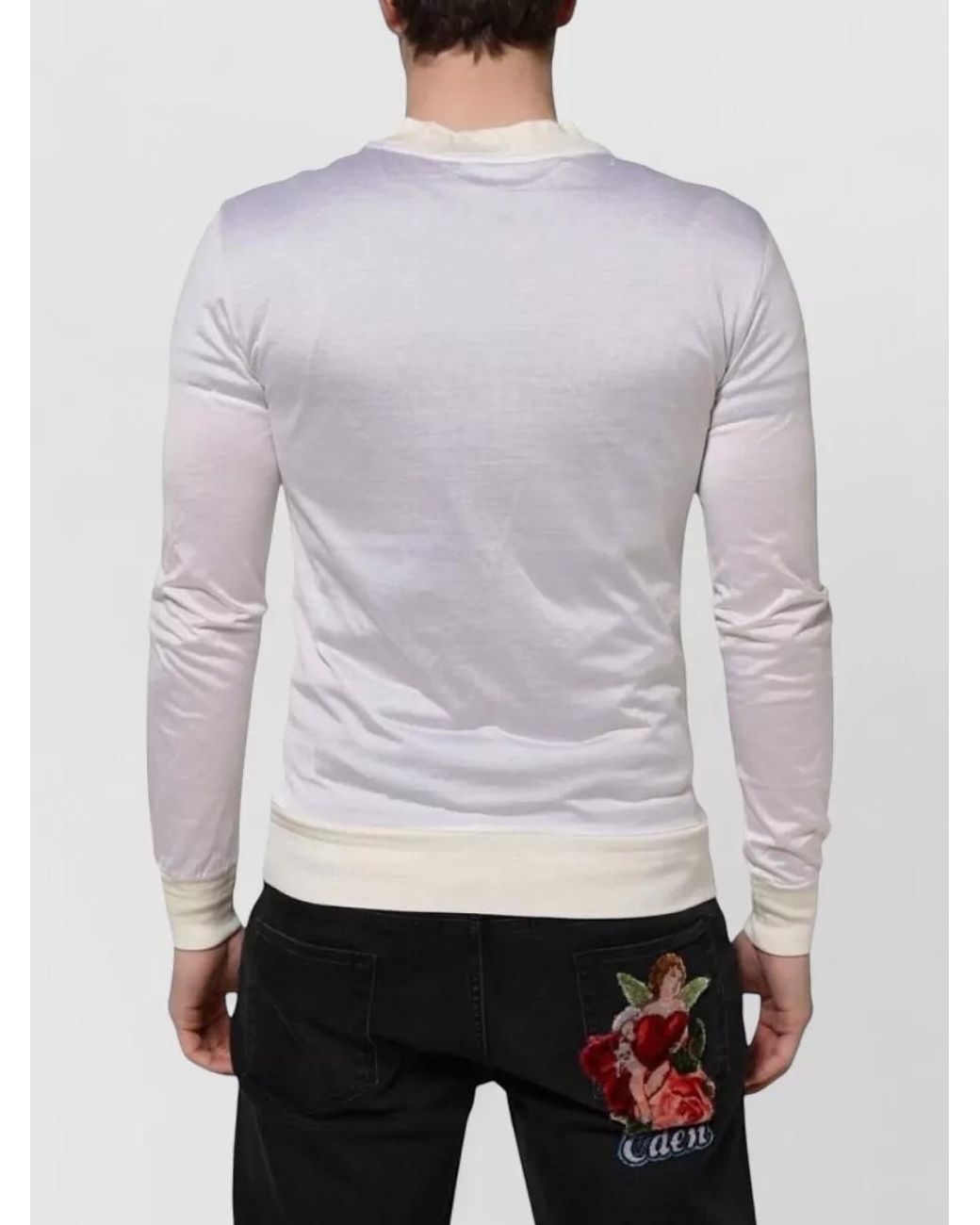Dolce & Gabbana White Silk Ribbed Crew Neck Long Sleeve T-Shirt for men